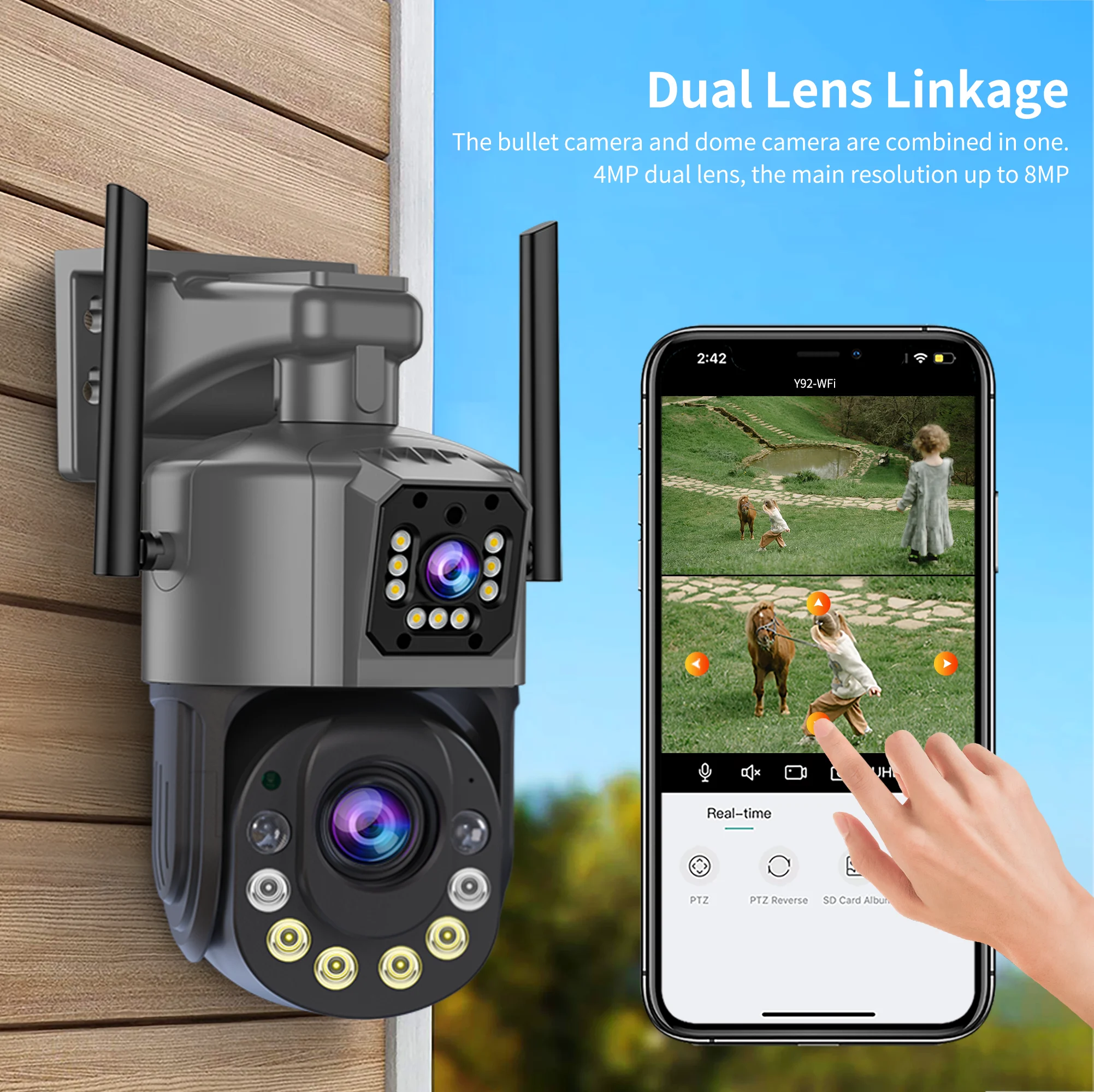 8MP Dual Lens PTZ WIFI Security Camera, Support 36X Optical Zoom Human Detection 60m Color Night Vision Two-Way Audio IP65