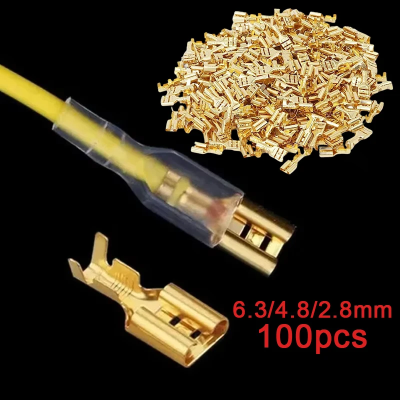 100Pcs 2.8/4.8/6.3mm Female and Male Crimp Terminal Connector Gold Brass Car Speaker Electric Wire Connectors Set