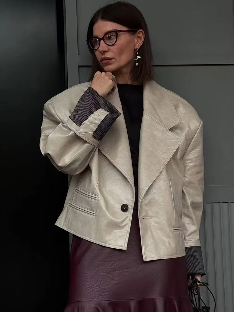새로운 여성용 PU 가죽 재킷 가을 봄 패션 긴 소매 라펠 칼라 버튼업 크롭 코트 슬림핏 스트리트웨어 블레이저