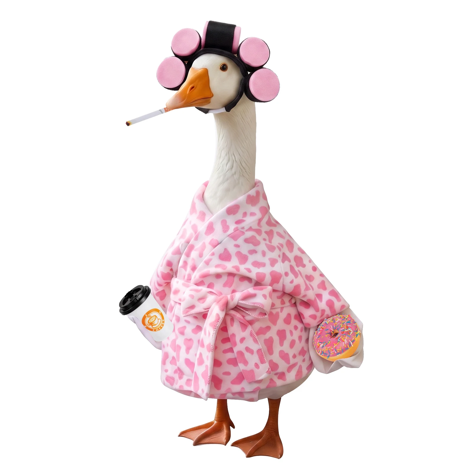 23 Inch Lady Porch Goose Outfits Decorative Goose Bathrobe Costume with Hair Curler Coffee Cup Donut & Cigarette Prop Home Decor