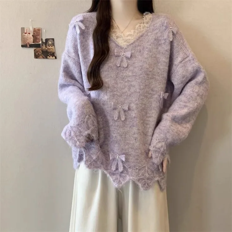 

Harajuku Retro Y2k 3D Bowknot Purple Knit Sweater Women V-neck Lace Hem Sweet Cute Warm Bottoming Shirts Winter Jumpers Knitwear