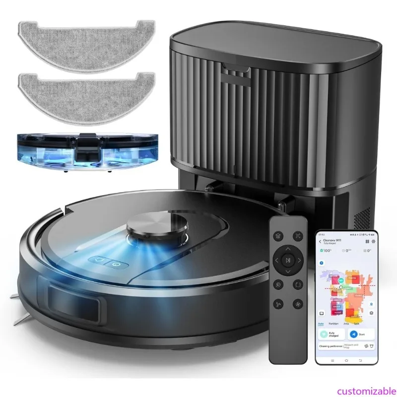 مكنسة وممسحة روبوت W11 مع تفريغ ذاتي، سعة 60 يومًا، ملاحة LiDAR، رسم خرائط منزلية، شفط 3000 باسكال، مناطق لا تذهب، روبوتية