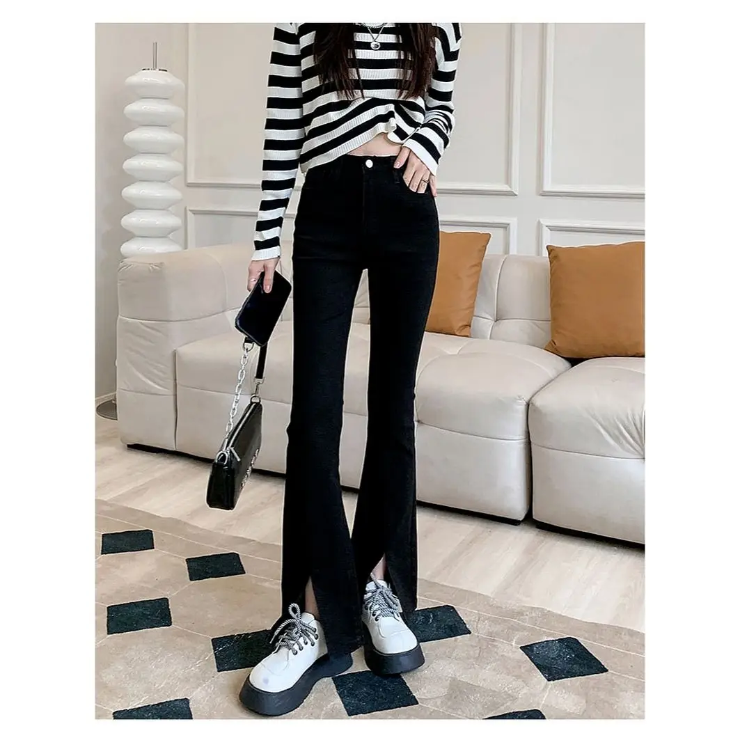 

High Waist Flared Jeans Women's Bla Elastic Slimming Small Size Hoof Pants Spring Casual Cotton Polyester Blend