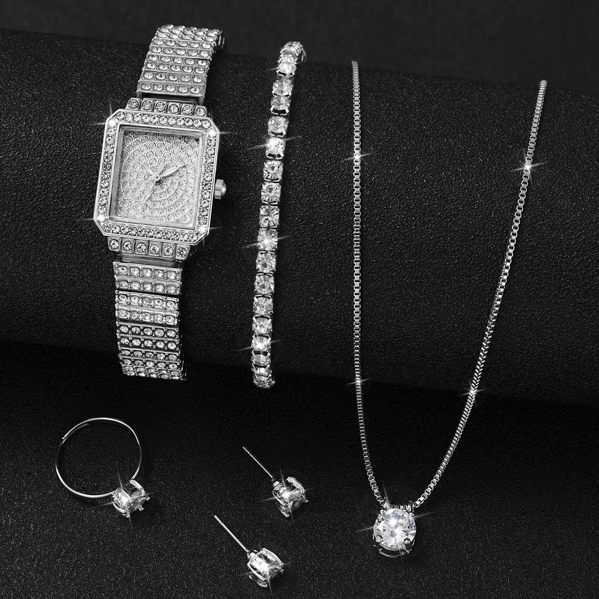Mulheres Relógio completo de quartz de diamante, conjunto de joias feminino, pulseira prateada, luxo, sem caixa,