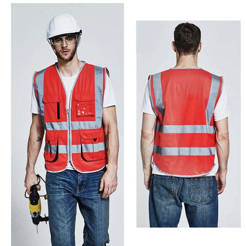 SFVest Men\'s cargo work vest multi pockets golden safety vest reflective waistcoat workwear ogo printing