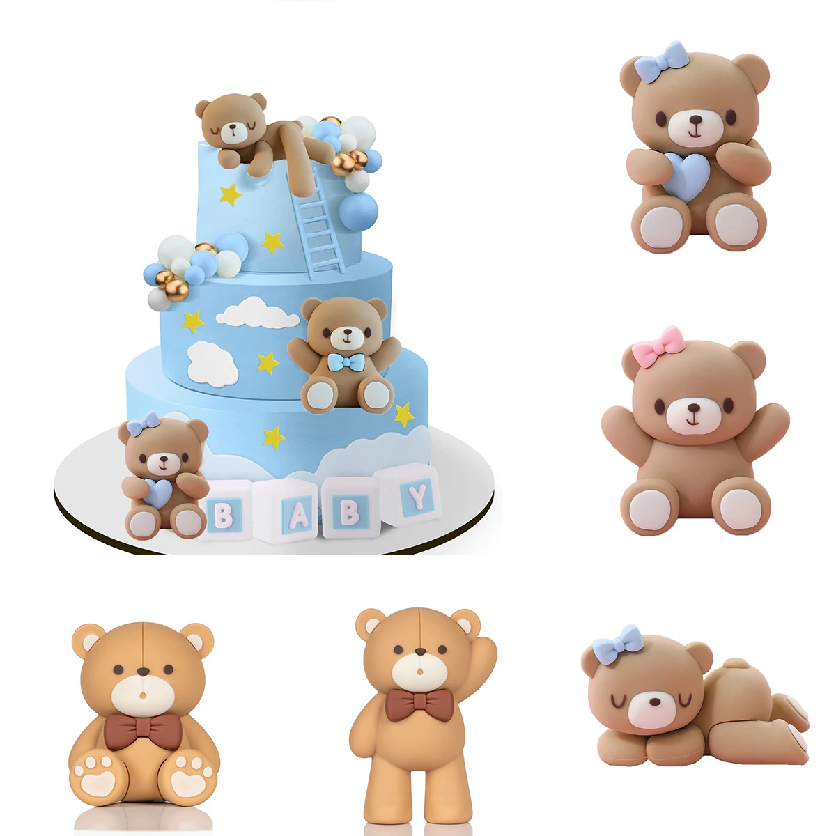 Cute Teddy Bear Cake Topper Boho Blue Pink Teddy Bear Cake Topper for Birthday Gender Reveal Party Baby Shower Cake Decoration