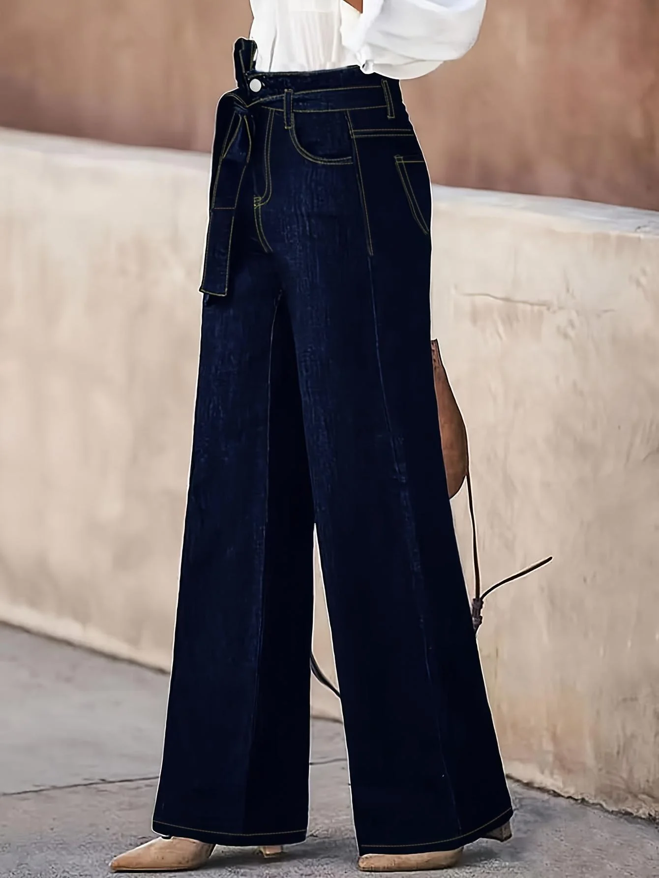 Women's High-Waist Loose Wide Leg Jeans - Smooth Denim Floor-Length Trousers with Matching Tie Strap, Adjustable, Soft, Woven, B