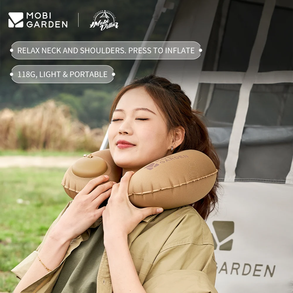 MOBI GARDEN Almohada inflable en forma de U con botón pulsador, almohada para el cuello de viaje para acampar al aire libre, suave y cómoda para paseos en coche y siestas