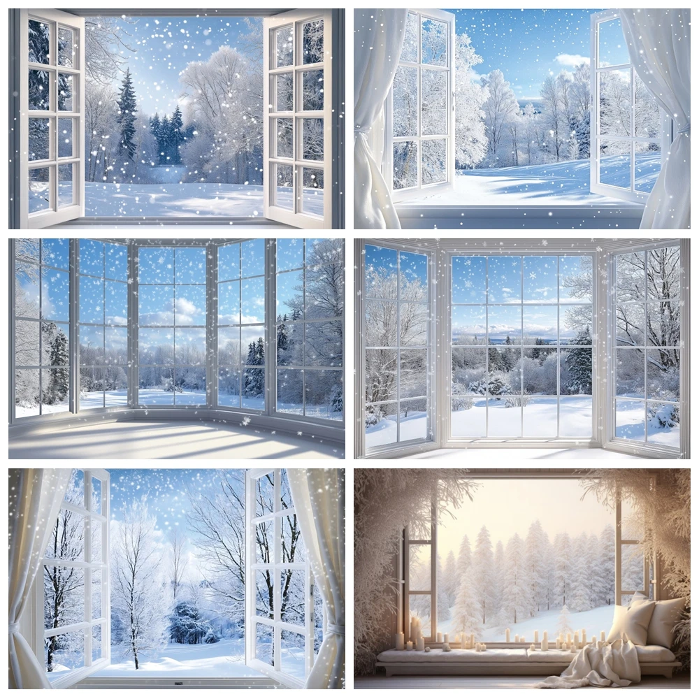 Winter Snow Scene Backdrop Blue Sky White Snowy Window Forest Wonderland Christmas New Year Kids Photography Background Decor