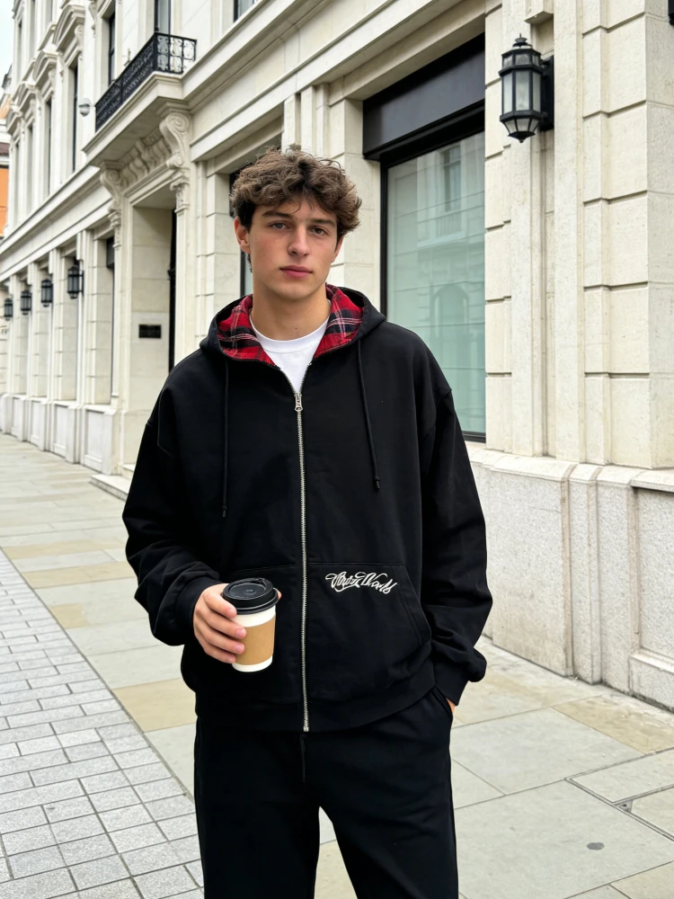 

Autumn and Winter New Fashionable Men's and Women's Loose Hooded Zipper Hoodie Ins Plaid Lining Versatile