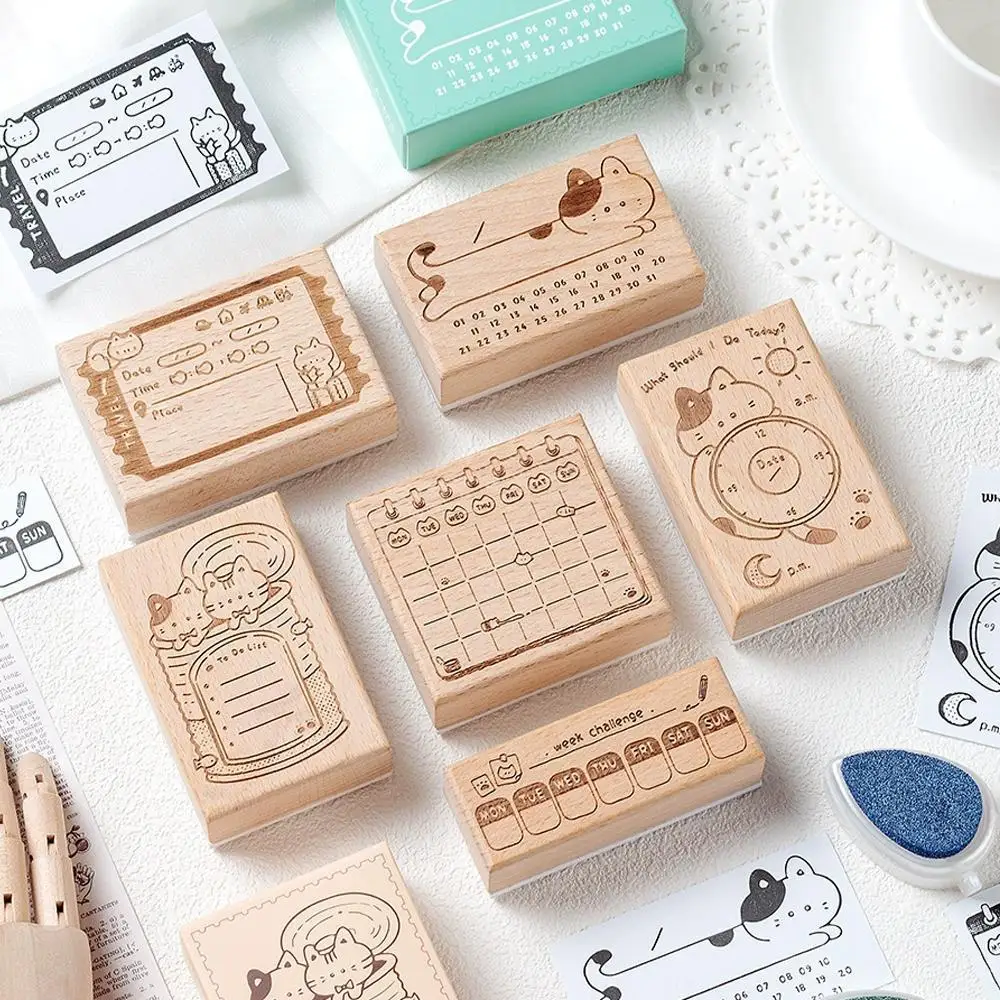 

New Wood Assorted Stamp Cat Pattern Memorandum Sight Box Series Cat Schedule Seal DIY Scrapbook Decorative Stamps