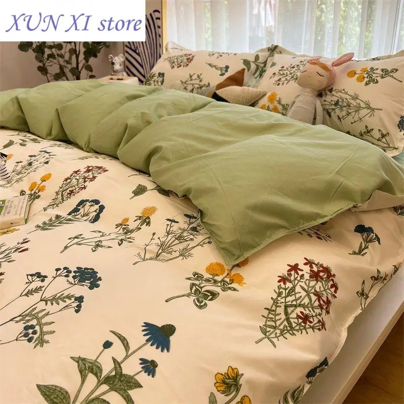 Romantic Bedding Set Floral Ins Style Duvet Cover Flat Sheet with Pillowcases Single Queen Full Size Boys Girls Korean Bed Linen