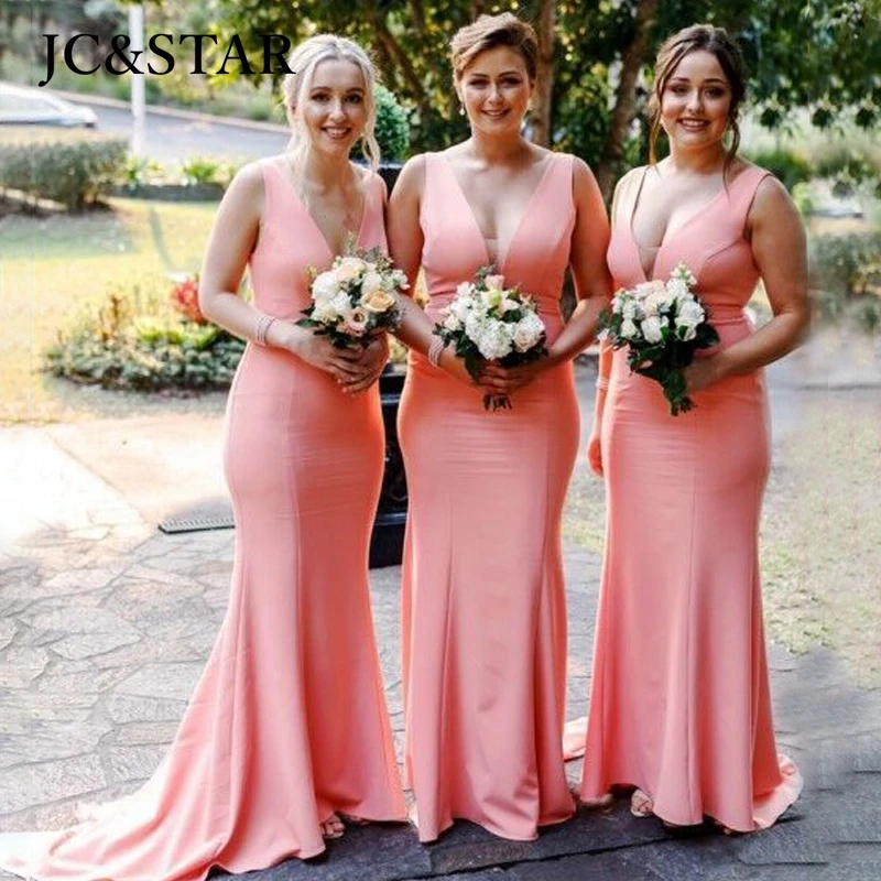 watermelon red bridesmaid dress mermaid vestidos elegantes para mujer para una boda satin deep v neck tulle sexy party Prom Gown