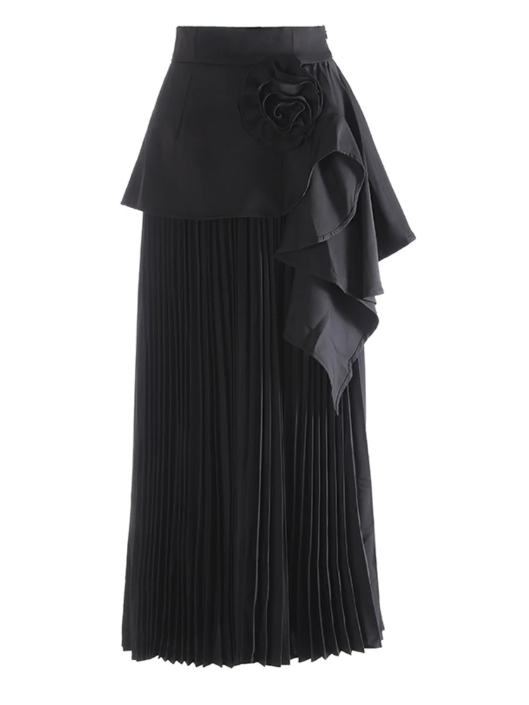 [Vibe] Rok Panjang Pinggang Tinggi Rok Ruffle Tidak Beraturan Rok Setengah Tubuh Elegan Berlipat Bunga Fashion Wanita Musim Semi Musim Gugur Baru