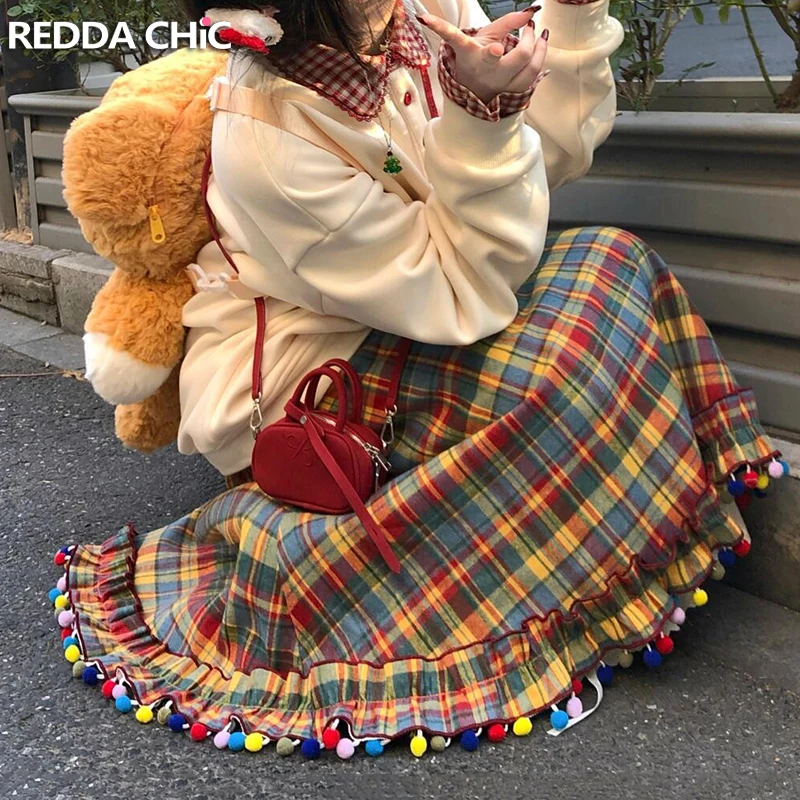 ReddaChic Retro Tartan Plaid Long Skirt Kawaii Teen Girls Ribbon Pom Pom Lace Trim Elastic Waist A-line Skirt Mori Women Clothes