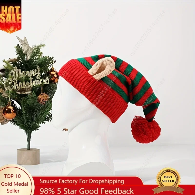 

Christmas Striped Knitted Elf Hat with Ear, Red Green/Red White Pom Pom Beanie, Festive Party Headwear for Women Men Christmas