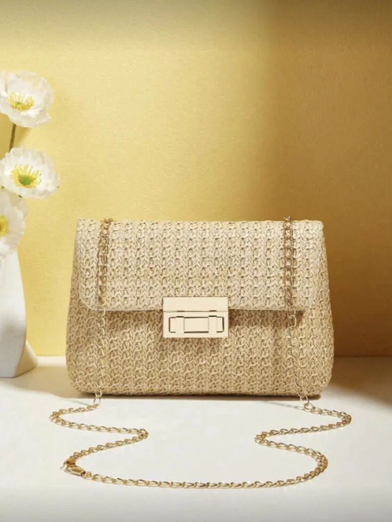 Fashionable Solid-Color Gold Woven Crossbody Bag, Suitable for Women's Daily Use, Perfectly Matches Vacation Outfits, Showcases a Feminine Vacation Style, Perfect for Vacation, Leisure, Beach, Autumn and Winter Gifts, Beach Bag