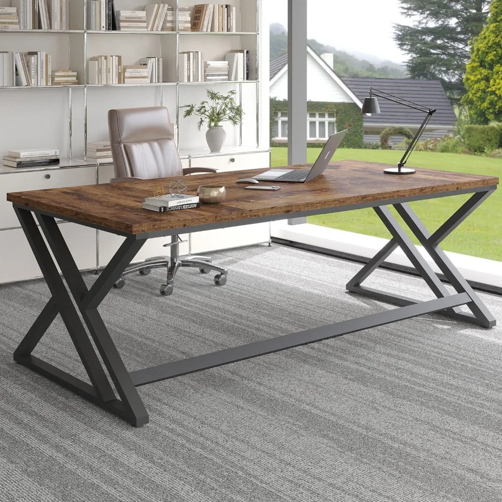 

Компьютерный стол 78,7 дюйма, промышленный удлиненный деревянный стол для домашнего офиса, большая современная металлическая рабочая станция в деревенском стиле, письменный стол для ПК,