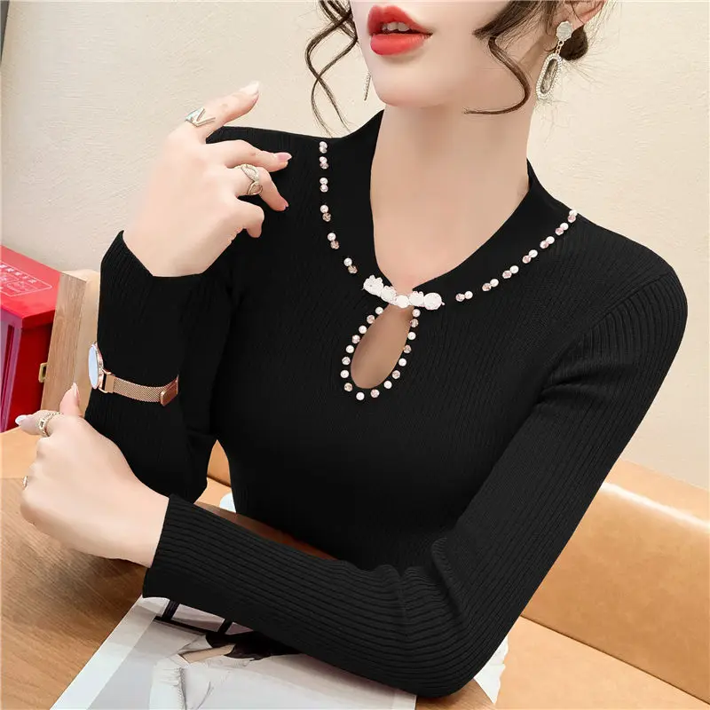 Autumn Winter Red Sweaters Women Pullovers Casual Beading Long Sleeve Sueter Mujer Slim Korean Fashion Y2k Clothes Ladies Tops