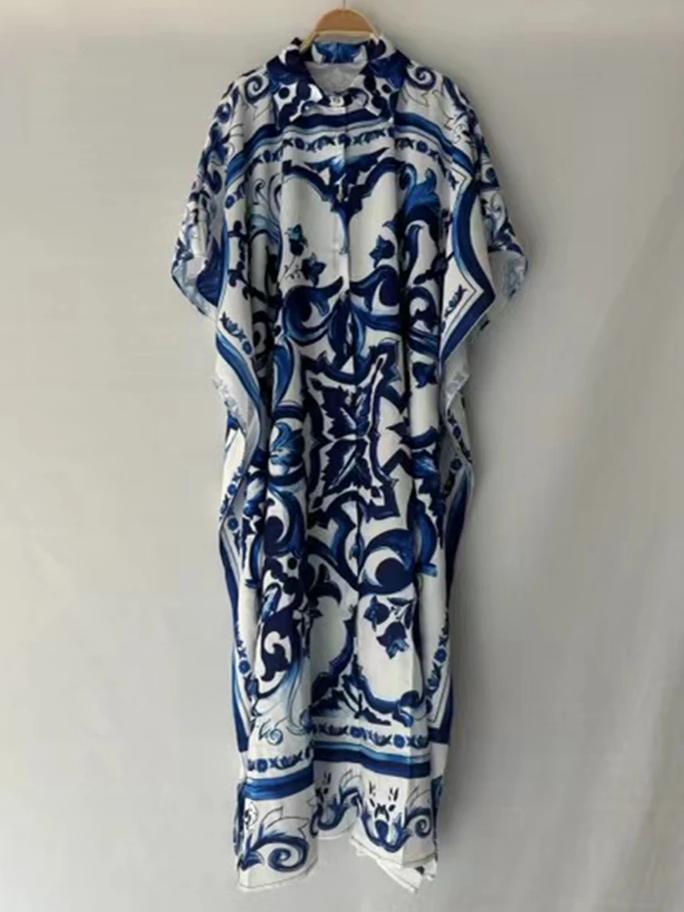 

2025 Summer women's vintage geometric print lapel single breasted ruffled dress Fashion pompadour skirt loose shirt dress