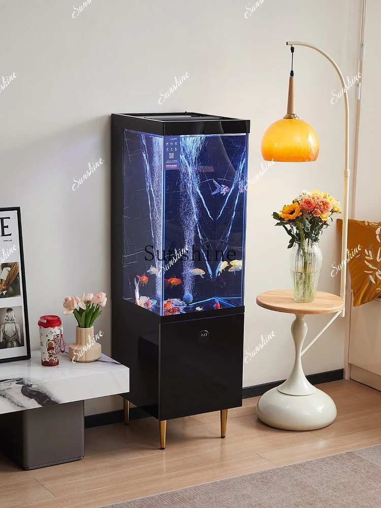 Light luxury living room TV cabinet next to goldfish tank with cabinet integrated floor household       FT