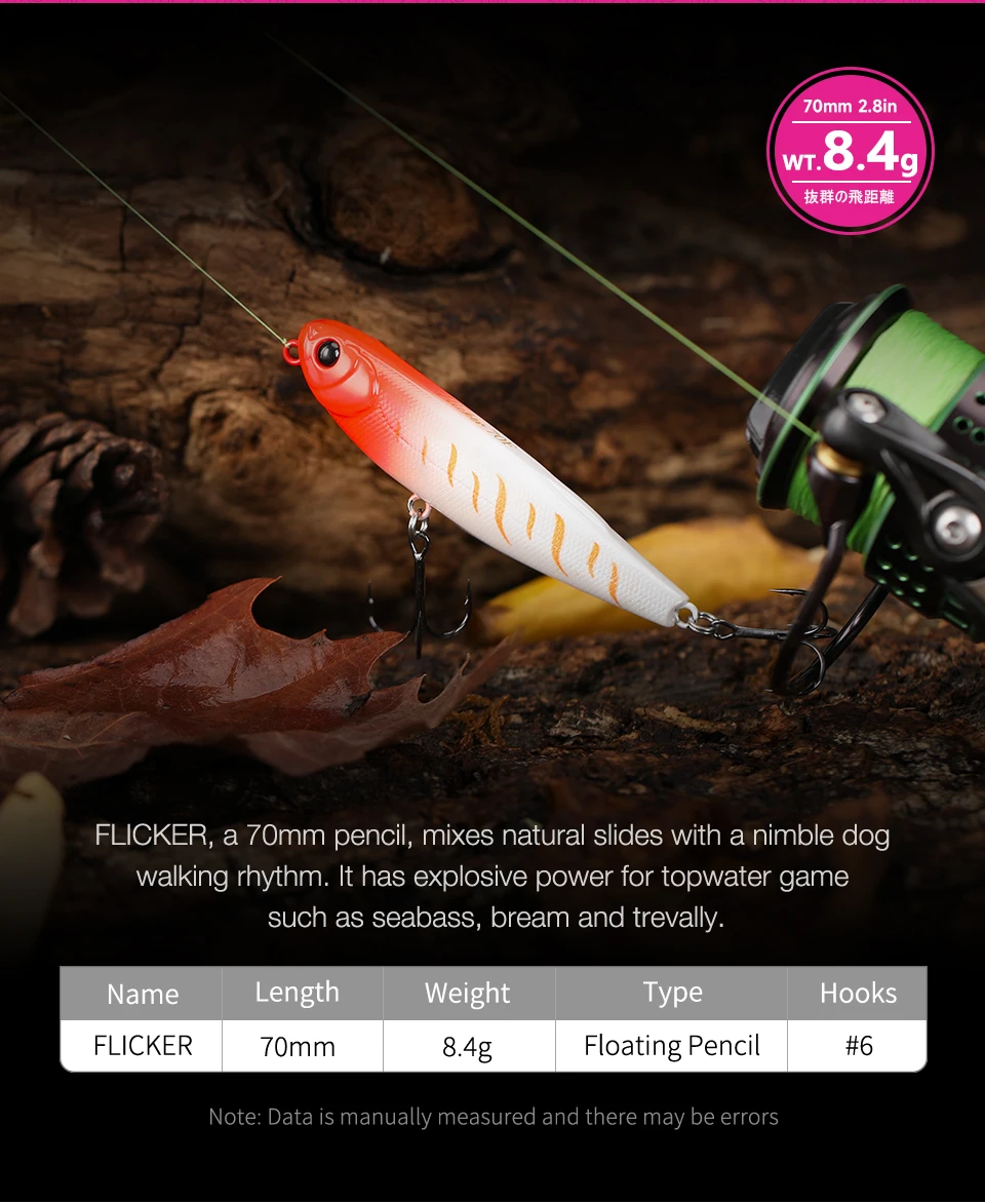 TSURINOYA FLICKER 70F Z Dog Topwater Walker Angelköder 70mm 8,4g Künstlicher Pencil Floating Stick Hard Bait für Barsch und Hecht – Detail 3