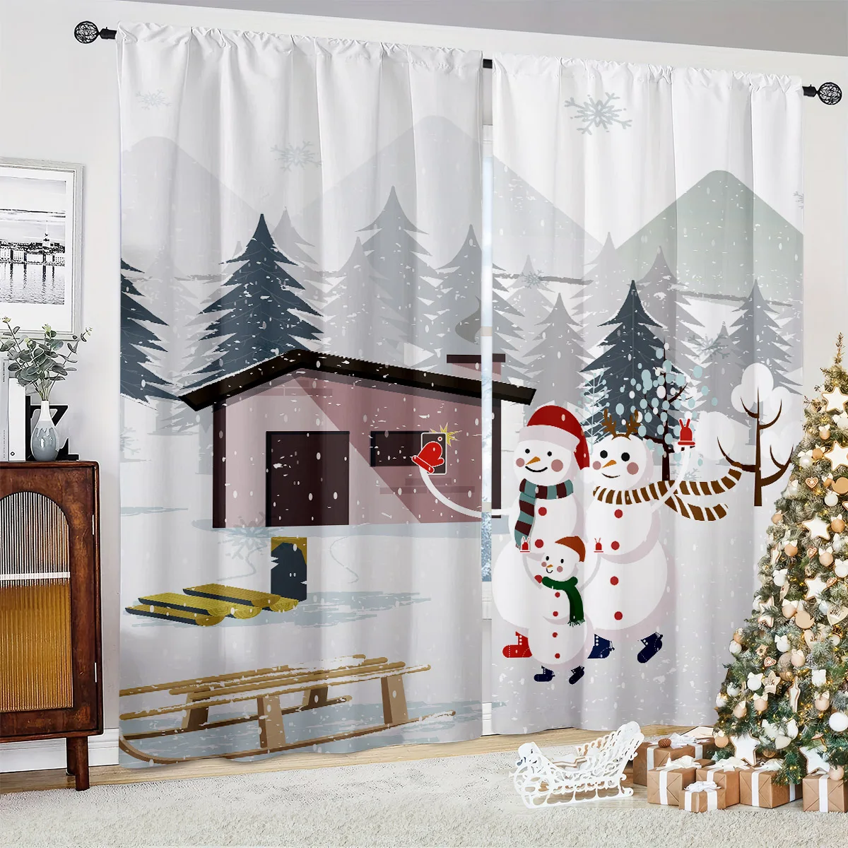 2pcs Decorative Curtains Featuring A Cute Cartoon Snowman Print; 100% Polyester; Festive Window Curtains For Children's Rooms.