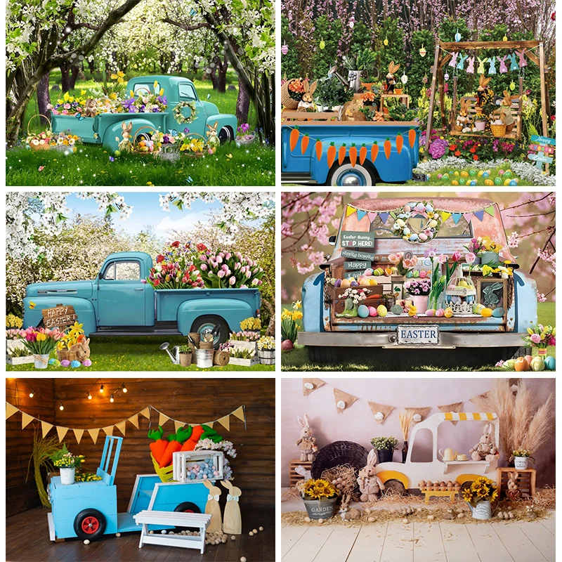 

Happy Easter Background Photography Car Truck Spring Forest Flowers for Bnuuy Rabbits Decorations 2024 Party Vinyl Backdrop Wall