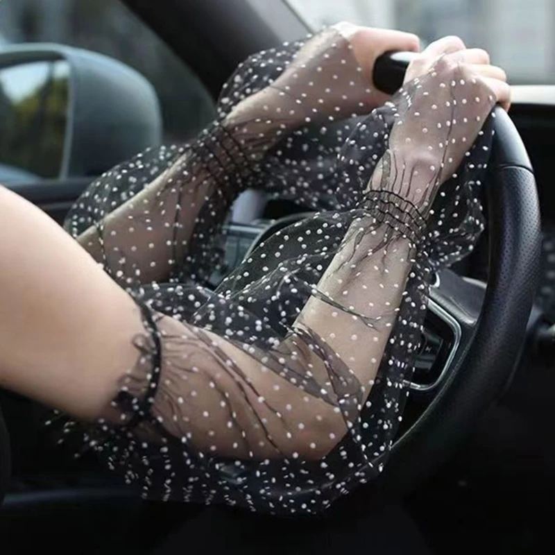 Summer Women Mesh Lace Sleeve with Dot/ Heart Pattern Sun Protection Driving Arm Sleeves Cover Wedding Removable Long Sleeves