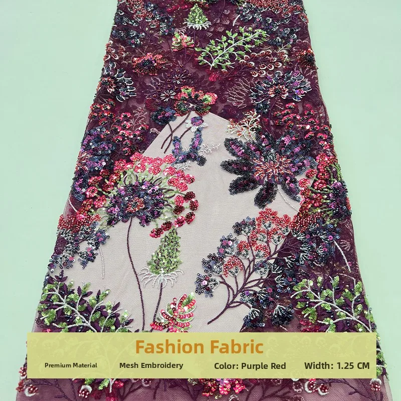 

Exquisite Purple Red Lace Fabric Embroidered Sequin Dring Material Performance Costume Design Handmade DIY Sponge Pad