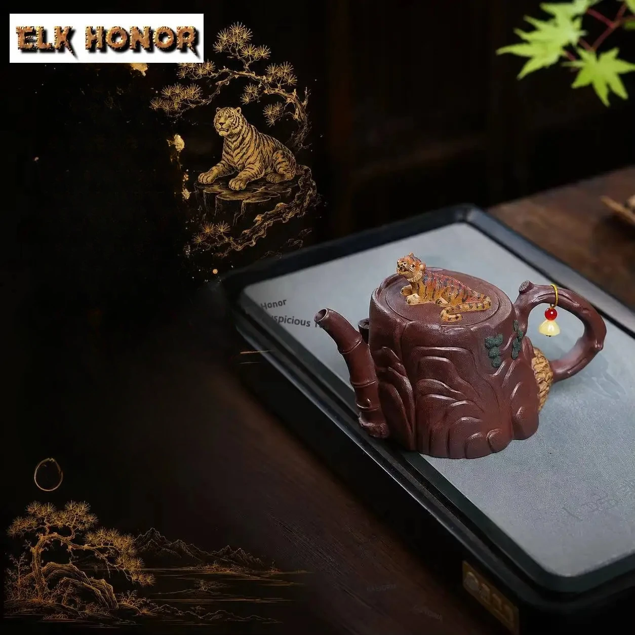 ZAEYORIA 230ml Aesthetic Yixing Purple Clay Bionic Teapots Handmade Stump Tiger Pot Raw Ore Mud Tea Maker Kettle Zisha Tea Set