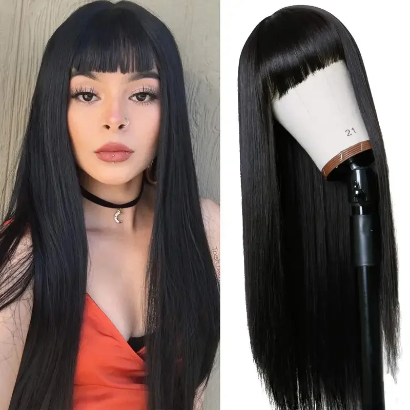 

Long Straight Remy Synthetic Hair Wigs Natural Black Heat Resistant Fiber Hair Full Machine Wig with Bangs Cosplay Party Wig