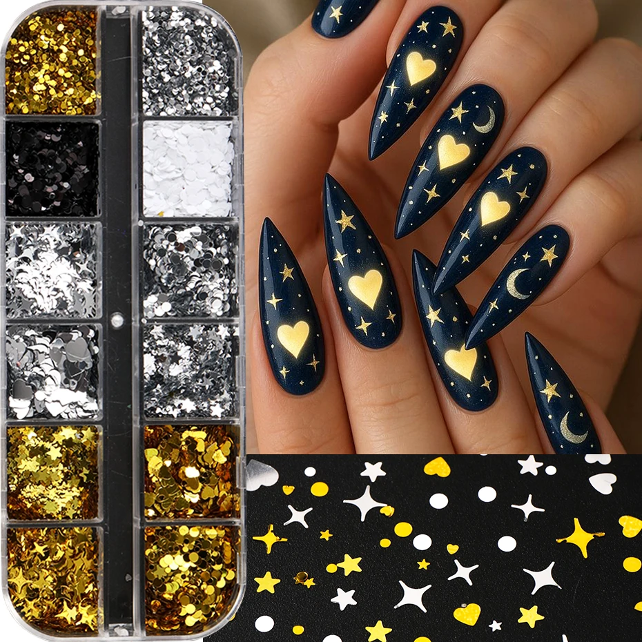 12 شبكة من الترتر اللامع لتزيين الأظافر بأشكال قلوب ونجوم ذهبية وفضية وسوداء وبيضاء ونقاط صغيرة لتزيين الأظافر بنفسك