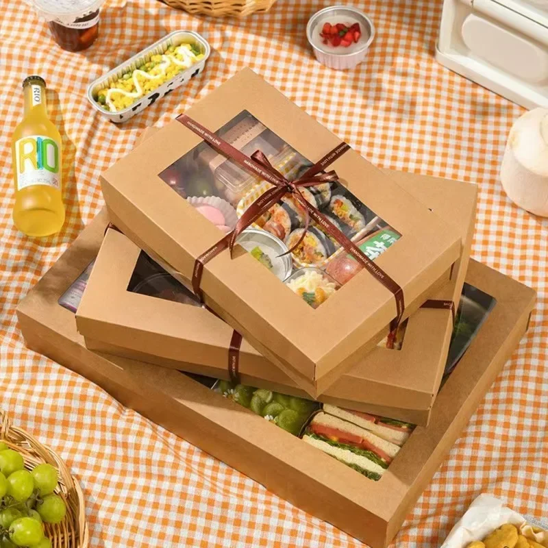 Disposable Kraft Paper Square Lunch Box Fast Food Packaging Box with Lid Outdoor Picnic Home Bento Box Disposable Kitchenware
