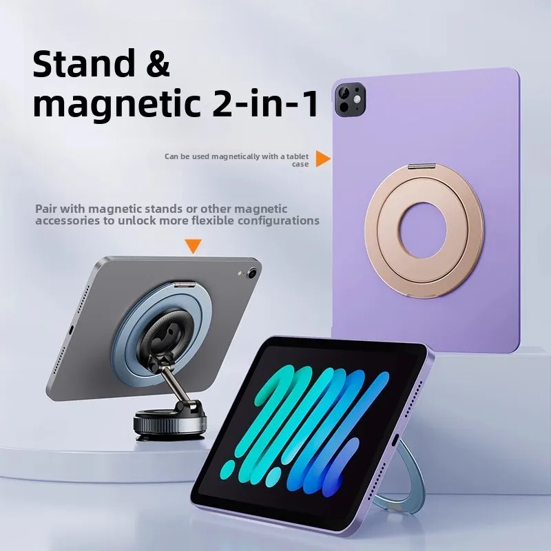 360° Rotation Metal Tablet Ring Stand for Apple/Huawei/Xiaomi & IPad air 8 12th Foldable Adhesive Back Car Magnetic Holder