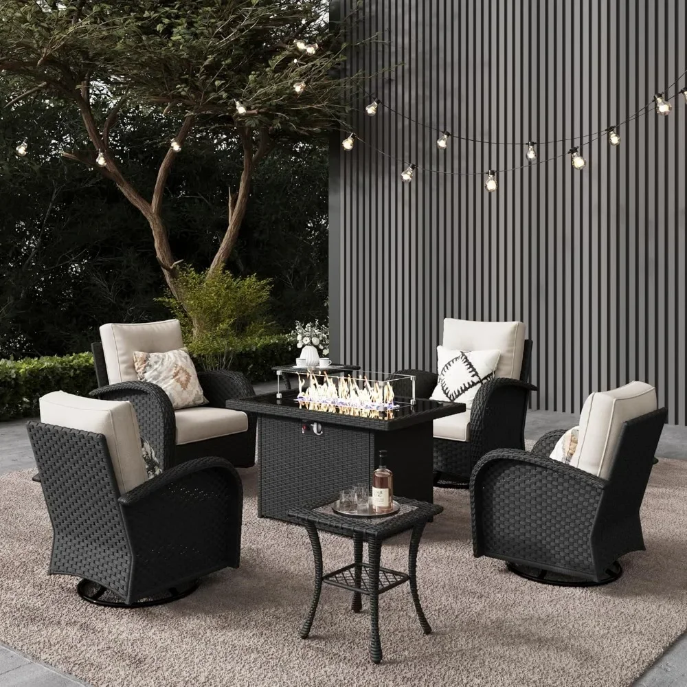 

7 Pieces Outdoor Patio Furniture Set with Fire Pit Table Rattan Wicker Sectional Swivel Rocker Chairs Sets