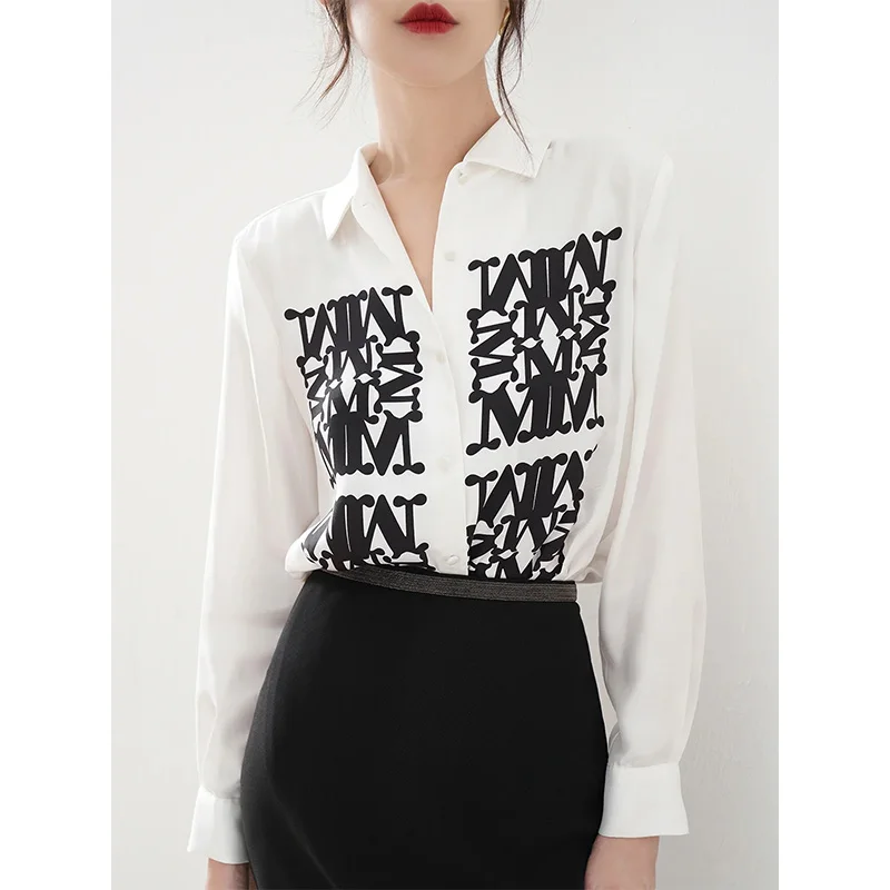 Max MM Letter Print Women Shirt Loose Tops Long Sleeves Elegant White Blouse Luxury Designer Brand Spring Summer Woman Clothing