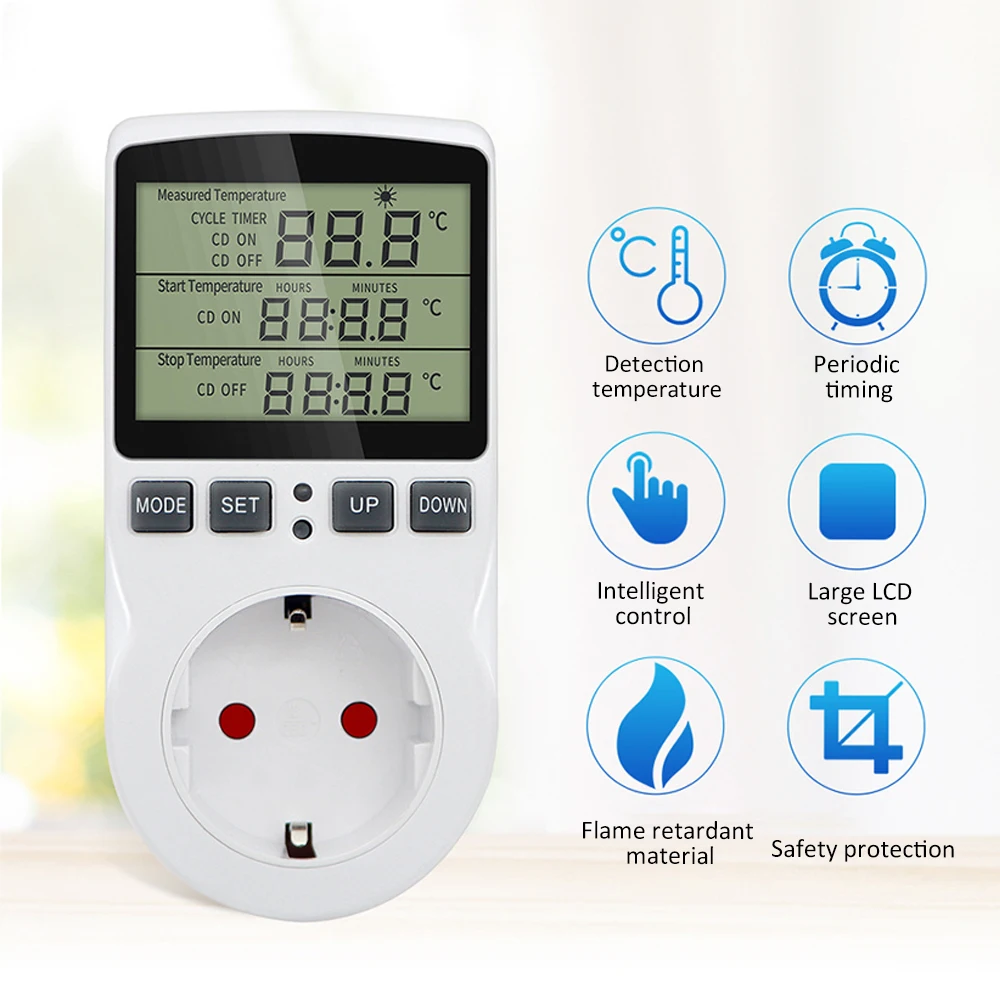 Temperature Controller Socket Digital Thermostat EU/US/UK/AU Plug Timer Socket Outlet Heating Cooling Switch With Sensor Probe