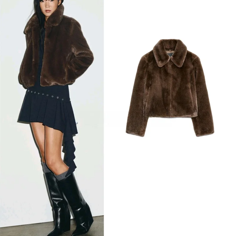 

Fall New Women's ort Coat Artificial Fur Effect Long Sve Turn-down Collar Button Closure Casual Sle Stand Fit Cotto...