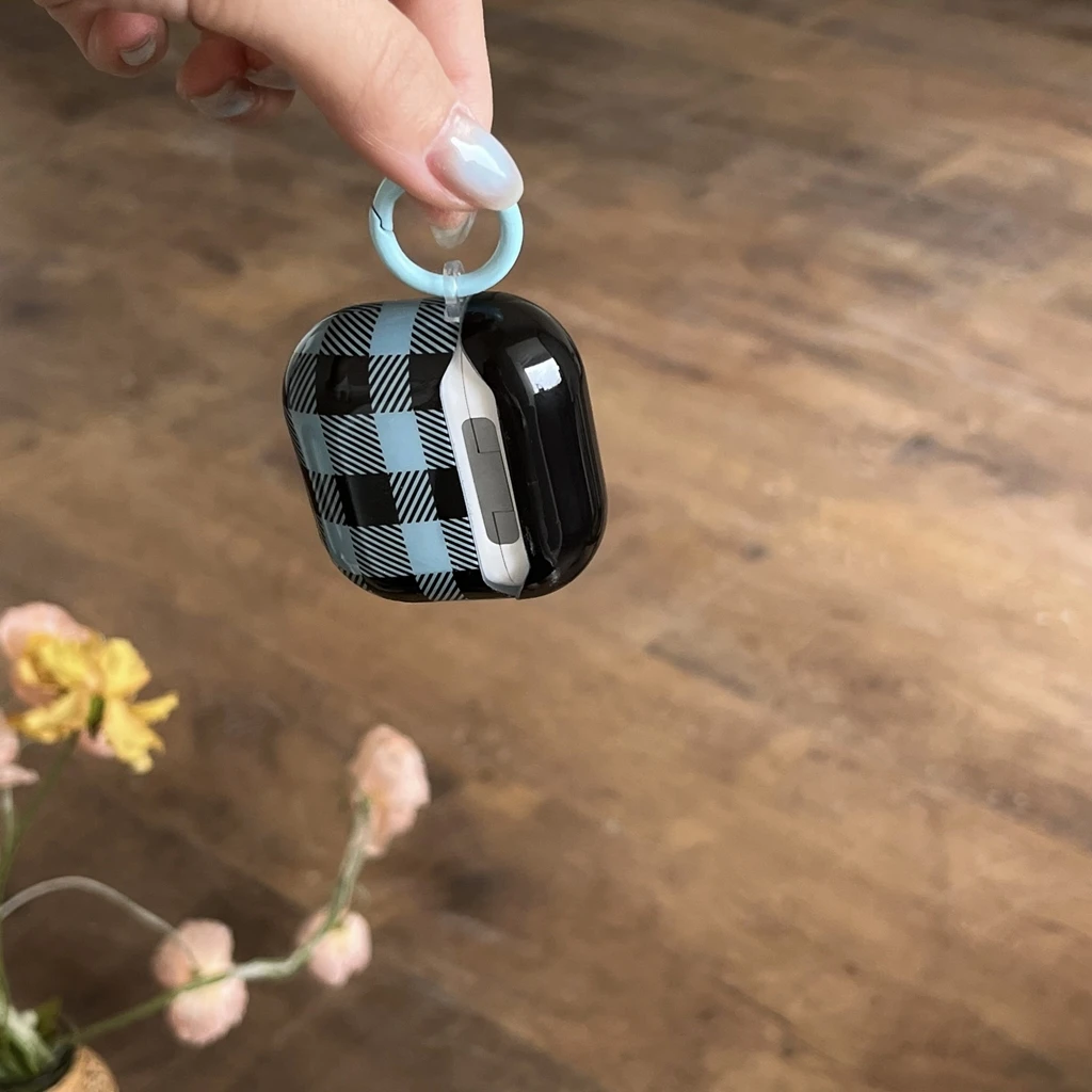 Retro Blue Black Grid Pattern Color Collision With Cute Little Chair Pendant Earphone Case Cover for AirPods 1 or 2 3 4  Pro 2