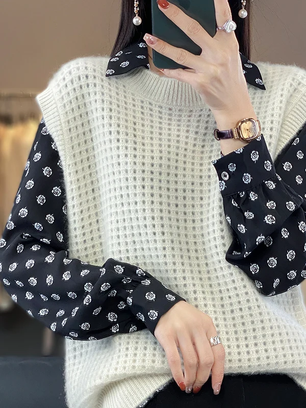 2025 Spring Autumn Loose Fit round Neck Sleeveless Knitted Vest Women's Slimming  Color Hollow Base Top