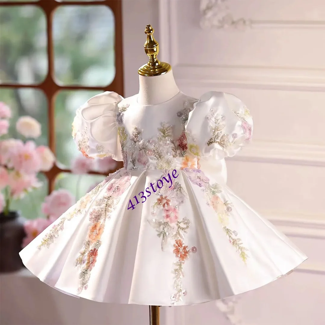 Personalizado elegante branco apliques vestido da menina de flor laço arco princesa crianças casamento 1st aniversário pageant festa baile vestido