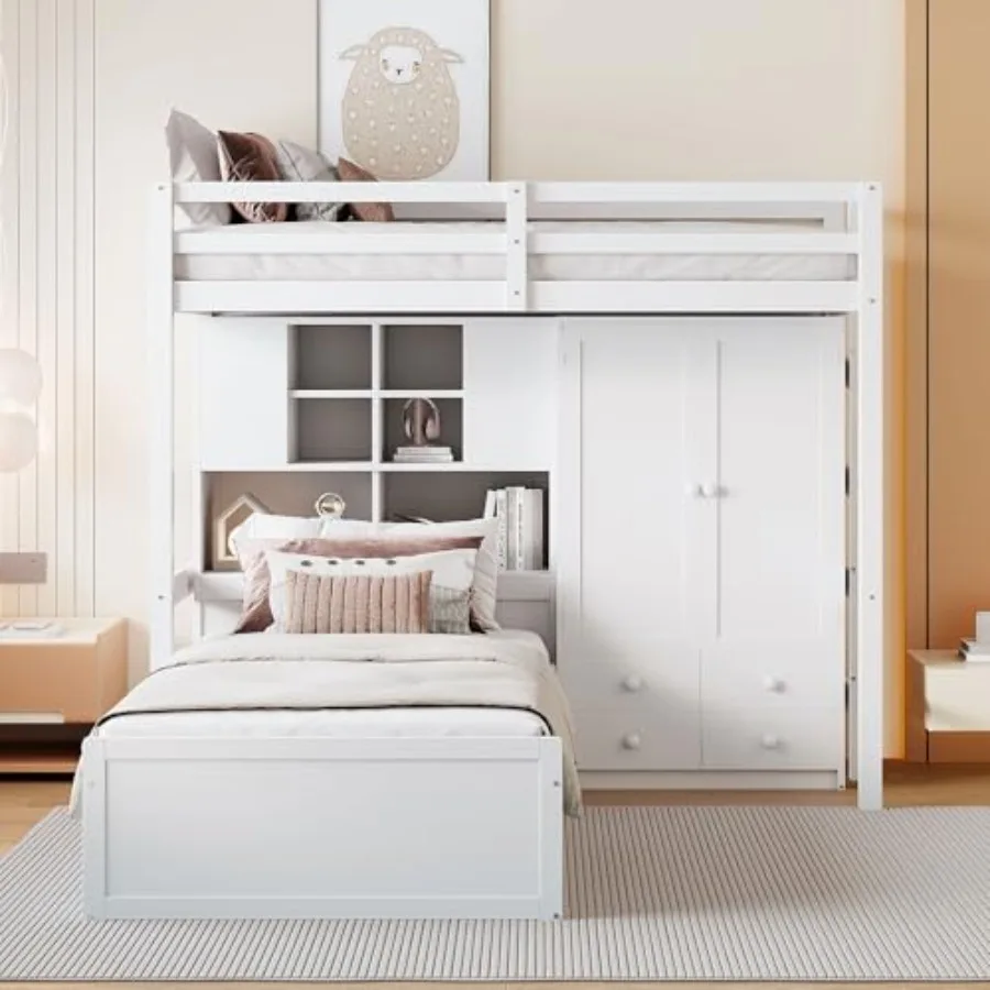 

Twin Size Bunk Bed with Hydraulic Bed and Storage Area, Wood Loft Beds w/Drawers and Wardrobe, Shelves, Space-Saving Bedframe w