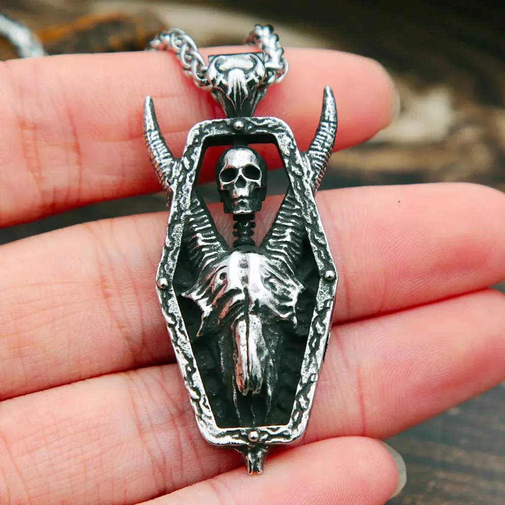 Gothic Skull Goat Head Coffin Stainless Steel Pendant Necklace Unisex Biker Street Daily Party Fashion Jewelry Accessories