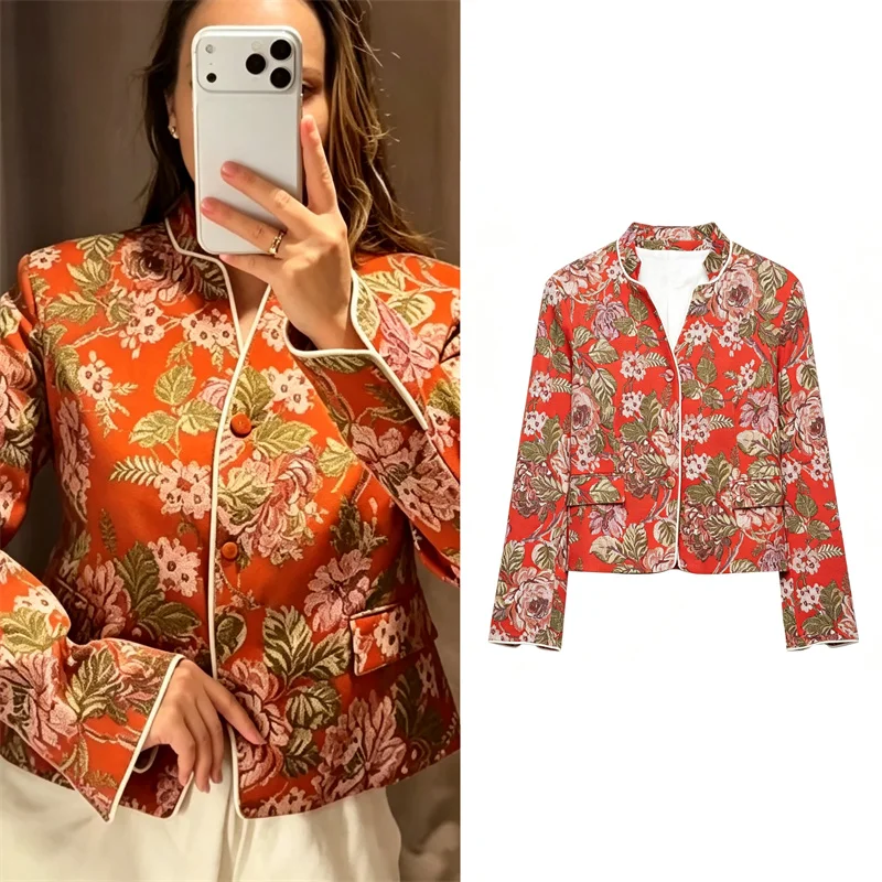 Guobioziy Women's Coat 2026 Early Autumn New Fashion Retro Small Stand Collar Floral Print Pocket Decor Long Sleeve Blazer