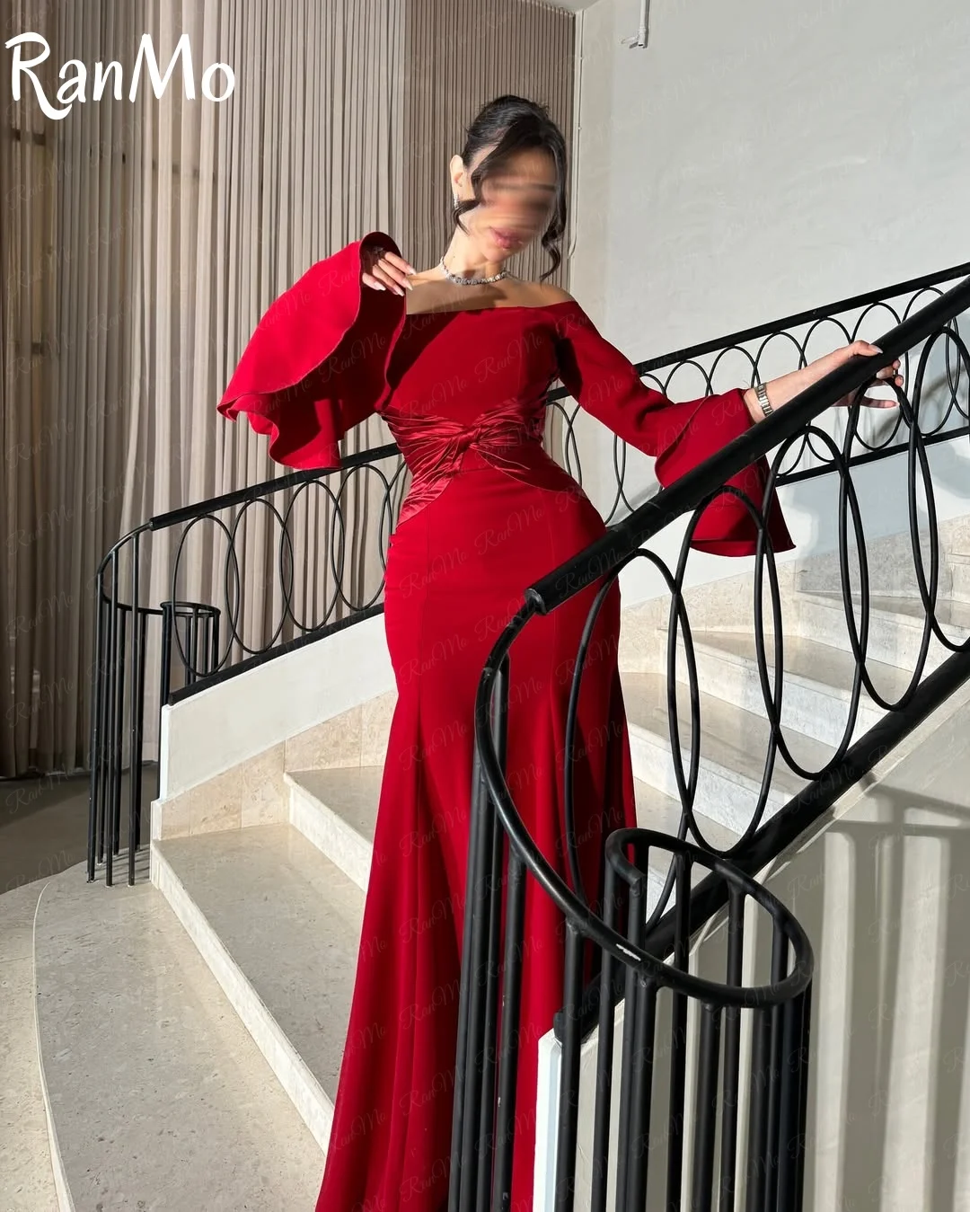 Ranmo Gaun Prom Arab Bahu Terbuka Putri Duyung Elegan Gaun Pesta Malam Satin Lengan Panjang Gaun Acara Khusus Disesuaikan