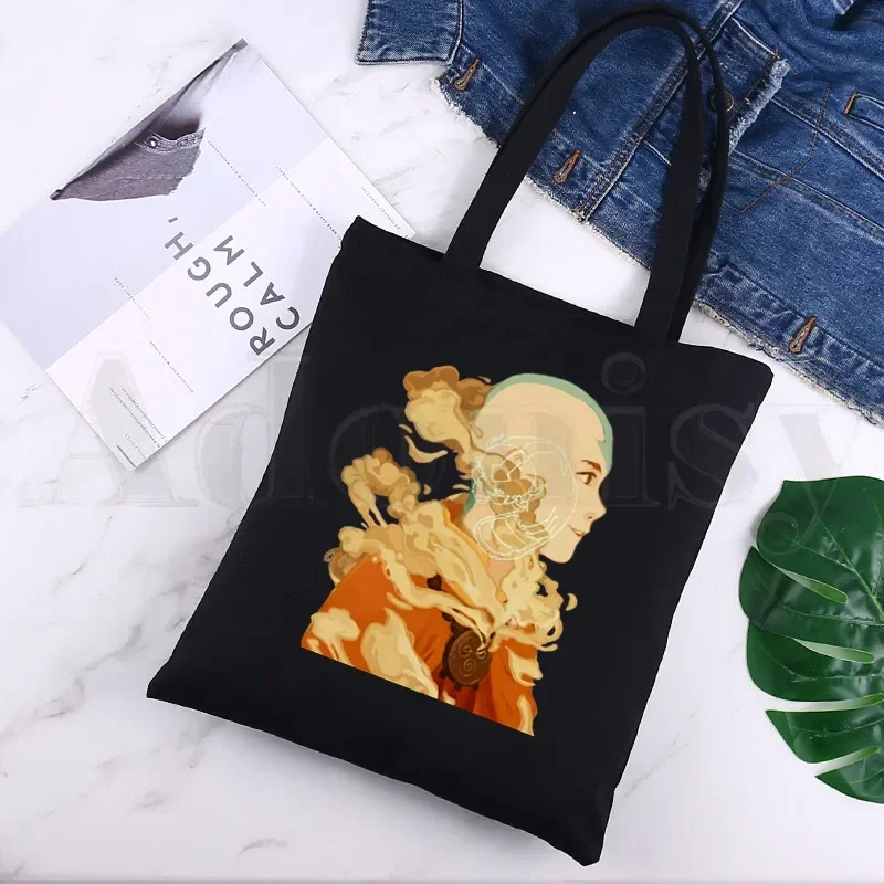 Avatar The Last Airbender Cartoon Appa Black Women Handbags Canvas Tote Shopping Bags Reusable Shopping Bag Eco Foldable