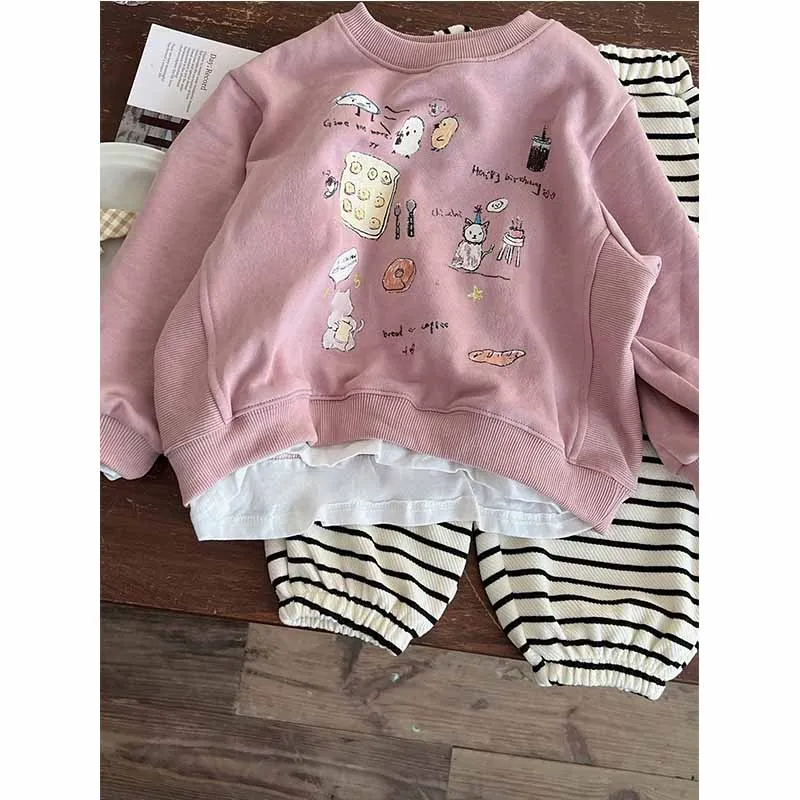 

Children's Cartoon Letters Set Girls Round Neck Top Striped Trousers 2 Pieces Spring Autumn New Kids Casual Sports Suit 12M-6Y