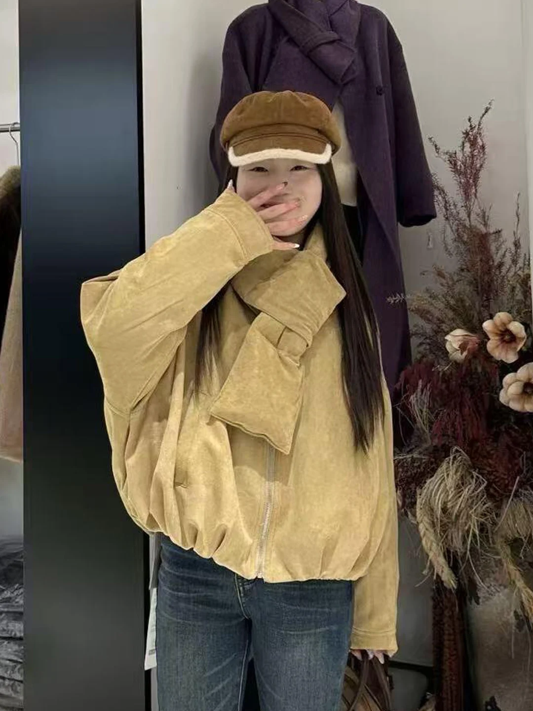 

Yellow round Neck Lightweight Warm Coat Women's Korean Style Lazy Cotton Jacket Winter New Arrival Comfortable Scarf Included