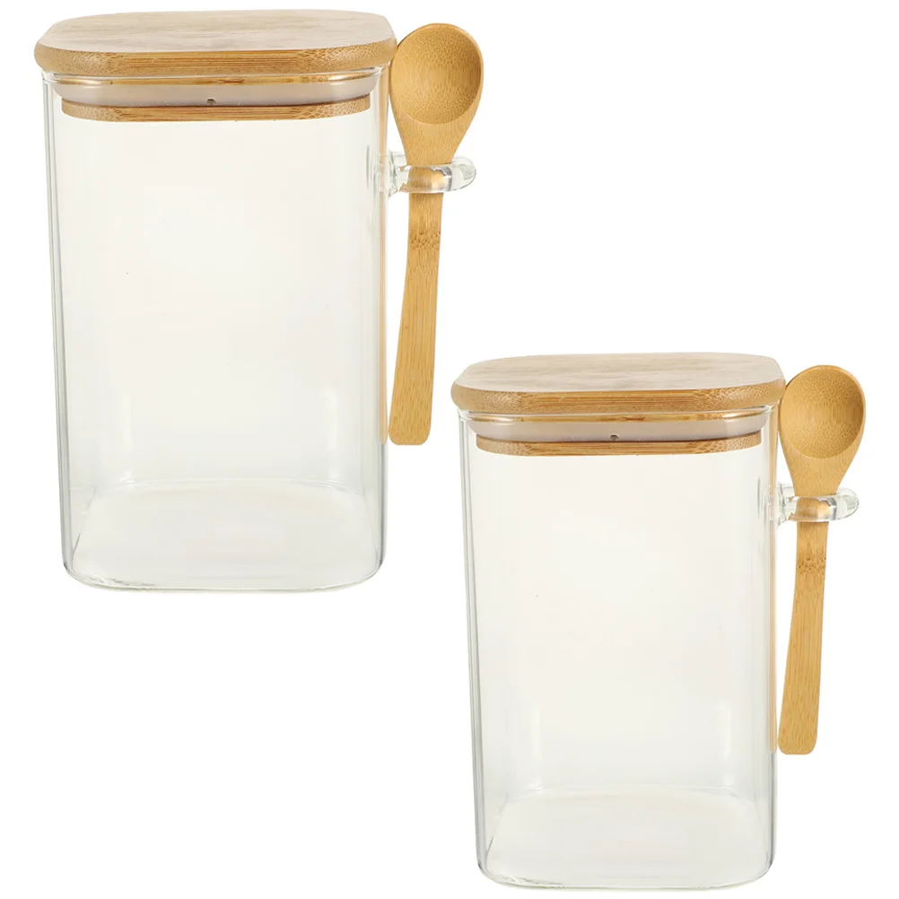 

2 Sets Glass Jars Bamboo Lid Silicone Gasket Storage Containers Kitchen Canisters Grain Tea Coffee Transparent
